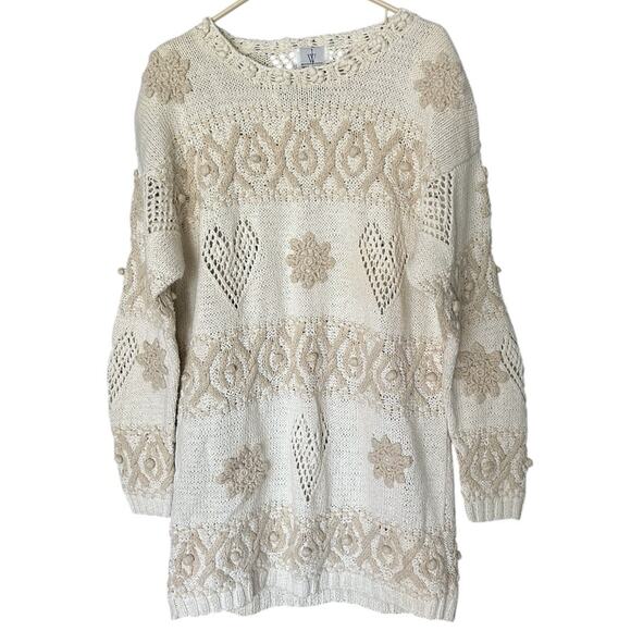 Vintage Sweaters - Weathervane VTG 80s Fair Isle Tunic Sweater Womens L Cream Tan Heart Crochet NEW